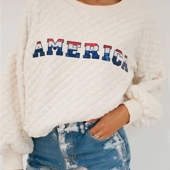 EUC Judith March Miss America Pullover Quilted White USA Flag Sz M 4th of JULY - Picture 1 of 5